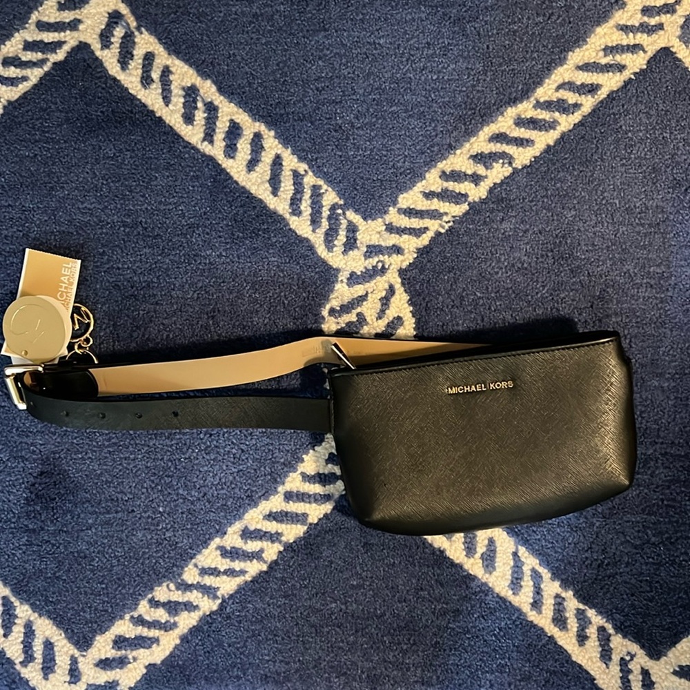 Michael Kors Black Mini Belt Bag with Cream Strap